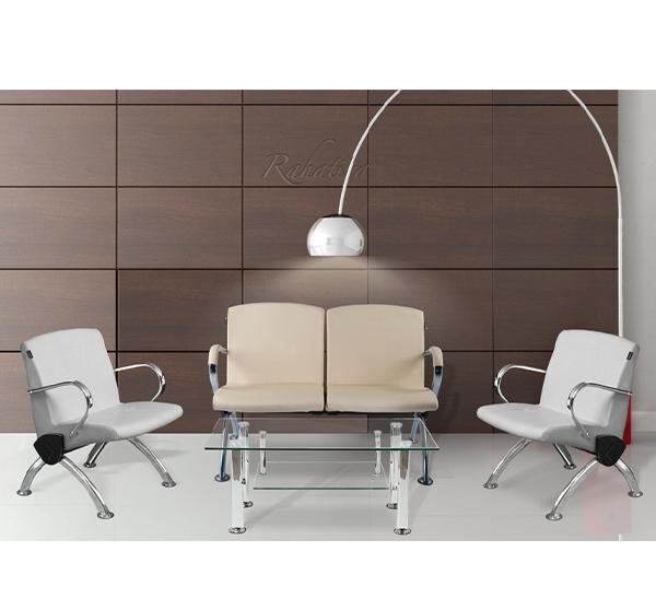 نیم ست مبل اداری راحتیران مدل مرجان- یک مبل دونفره کرمی رنگ با کفی و پشتی جدا- دو عدد مبل تک نفره سفید رنگ- جنس پایه و دسته ها از کروم- یک عدد جلو مبلی شیشه ای- آباژور پایه بلند