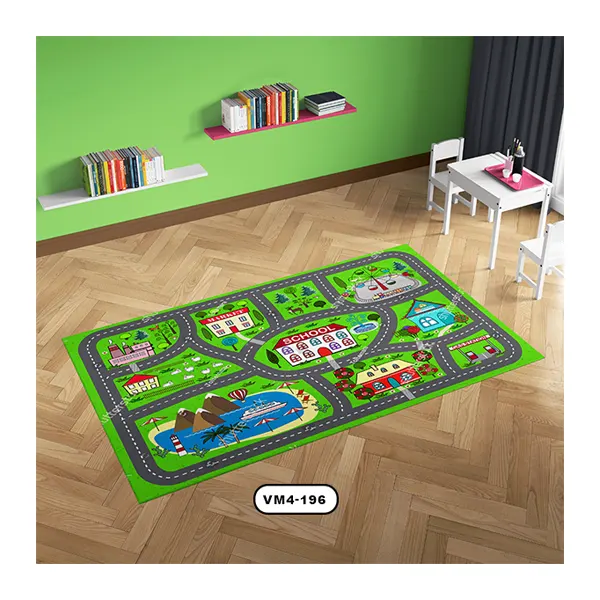 فرش با زمینه سبز و طرح خیابان مناسب اتاق کودک