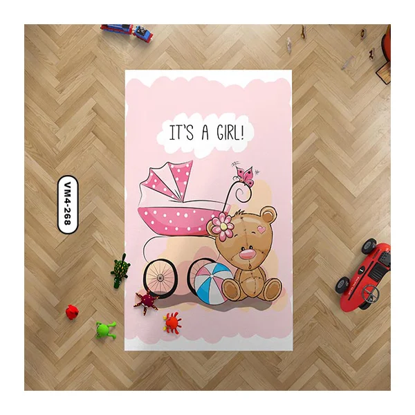 فرش کودک با طرح تِدی خرسی، زمینه صورتی، مناسب اتاق دخترانه