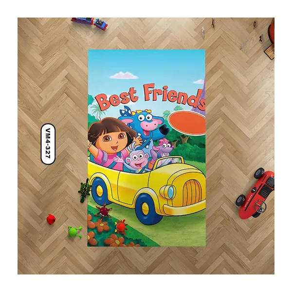 فرش کودک طرح دورا سوار بر ماشین زرد رنگ