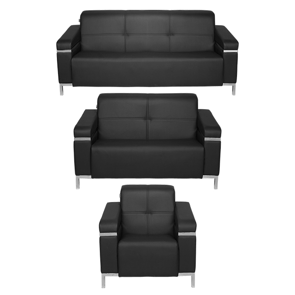 ست مبل اداری راحتیران مدل دیپلمات M411-M412-M413 – یک مبل سه نفره، یک مبل دو نفره و یک مبل یک نفره _ روکش چرم مشکی در پشتی و دسته ها – دسته های متصل به پشتی- پایه هایی از جنس کروم سفید