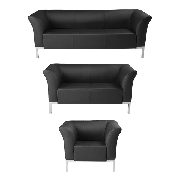 ست مبل اداری راحتیران مدل سناتور M051-M052-M053یک مبل سه نفره یک مبل دو نفره و یک مبل یک نفره _ با روکش چرم مشکی و دسته های متصل به پشتی و پایه هایی از جنس کروم سفید براق