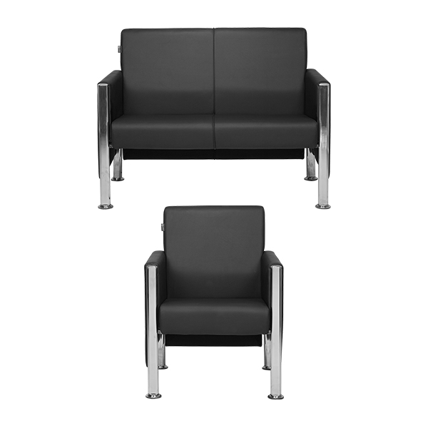 نیم ست مبل اداری راحتیران مدل پرستیژ M031-M032- یک مبل دو نفره با روکش مشکی چرم و پایه هایی از جنس کروم به رنگ سفید یک مبل یک نفره با روکش چرم مشکی و پایه هایی از جنس کروم به رنگ سفید