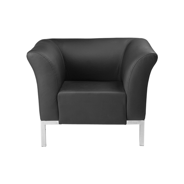 مبل اداری راحتیران مدل سناتور M051- یک مبل یک نفره _ با روکش چرم مشکی و دسته های متصل به پشتی و پایه هایی از جنس کروم سفید براق.