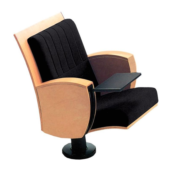 صندلی آمفی تئاتر اروند مدل 2710 از روکشی به رنگ مشکی ساخته شده و پایه های ثابت دارد و دسته تحریر دارد.