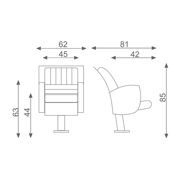 ابعاد صندلی آمفی تئاتر اروند مدل 2720 که شامل طول، طول نشیمن، عرض، عمق و ارتفاع است در تصویر مشخص می باشد.