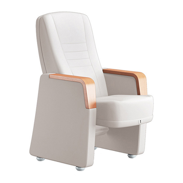 صندلی آمفی تئاتر اروند مدل 7011 دارای روکشی به رنگ خاکستری روشن است و رو دسته هایی از جنس چوب دارد.