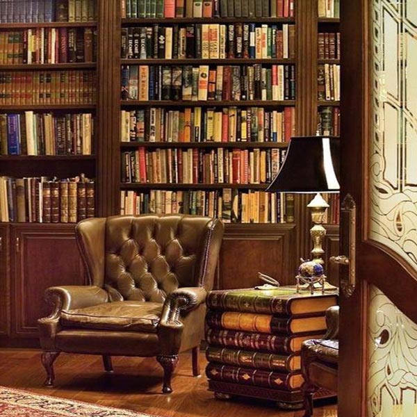 مبل تک نفره چرمی با روکش قهوه ای رنگ در مقابل یک کتابخانه قرار دارد.