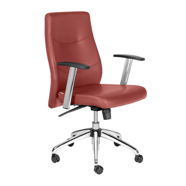 صندلی کارمندی ZIMA داتیس مدل EZ430T دارای روکش چرمی زرشکی رنگ و پایه های فولادی با آبکاری کروم براق می باشد