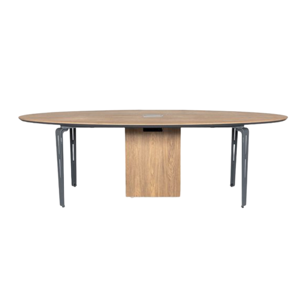 میز کنفرانس بیضی جلیس مدل کاپری دارای رنگ بدنه گردویی روشن است و صفحه آن از ام دی اف با ضخامت 32 میلی متر ساخته شده است.