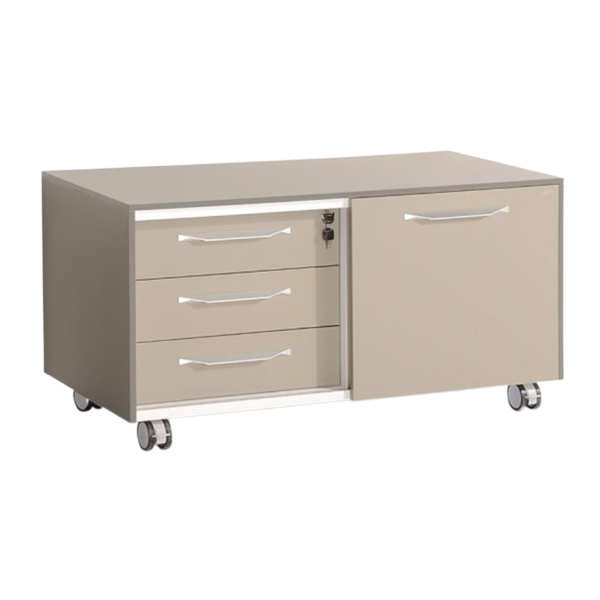 فایل جلیس مدل لاوان به رنگ خاکستری است و چهار عدد پایه چرخدار و مکانیزم درب ریلی آرام بند دارد.