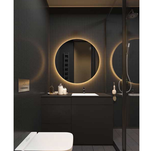آینه کنسول روشویی مشکی با نور طلایی زیر آینه