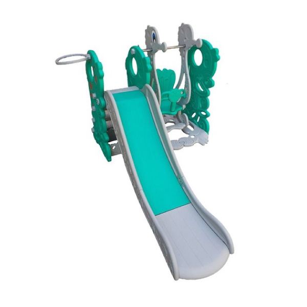 تاب سرسره کودک ساحل مدل دلفین با رنگ آبی و سفید و دارای سبد بسکتبال