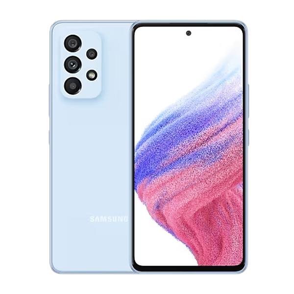 گوشی از نمای پشت و جلو سامسونگ A53 رنگ آبی آسمانی
