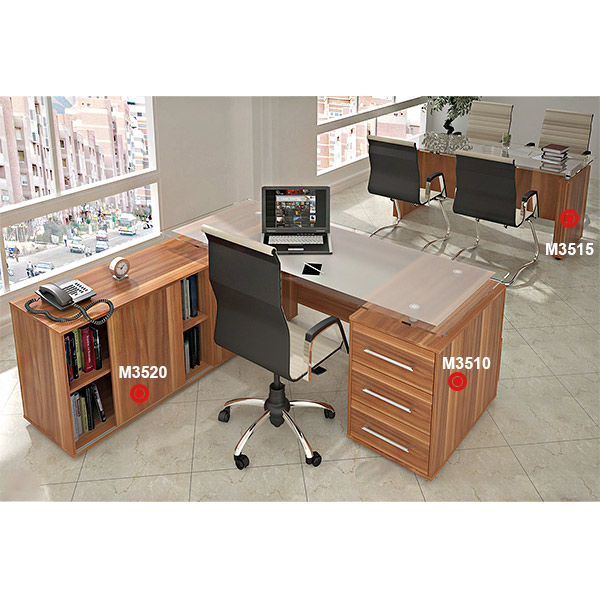 مجموعه میز اداری برند نوژن مدل رادو متشکل از میز کنفرانس ، میز کارشناسی و کناره مدیریت با صفحه شیشه سکوریت