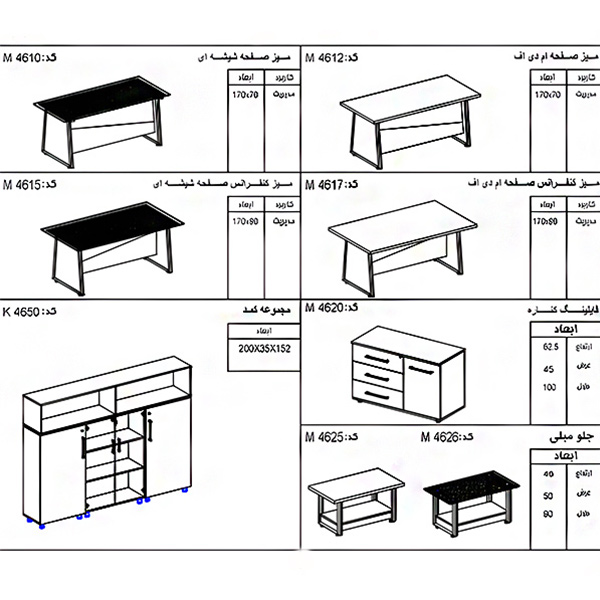 سایز بندی و ابعاد مجموعه میز اداری راوند برند نوژن