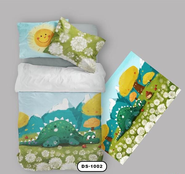 ست روتختی دخترانه دستیکور مدل دایناسور DS-1002 به رنگ سبز آبی سفید