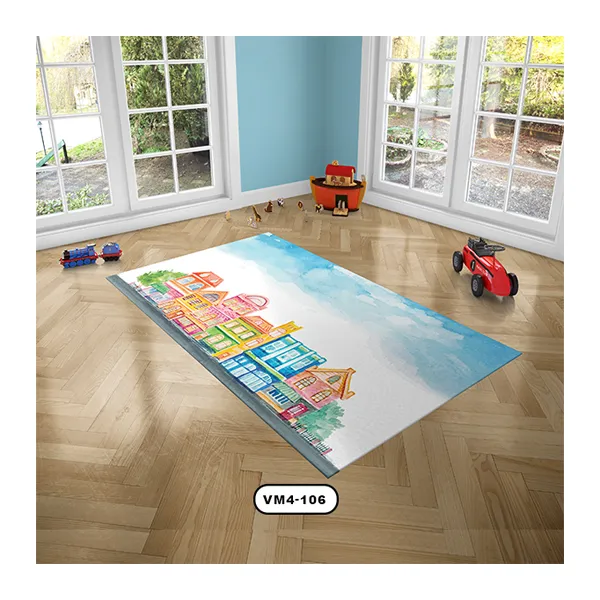 فرش دستیکور با طرح خانه های رنگی و بکگراند آسمان