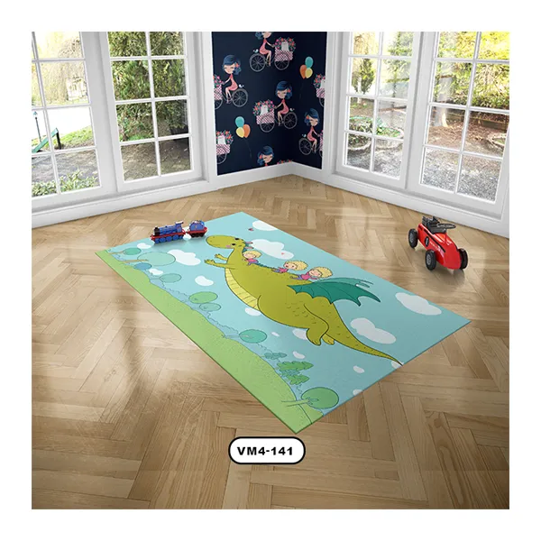 فرش کودکانه با طرح اژدهای پرنده به رنگ سبز و زمینه آبی