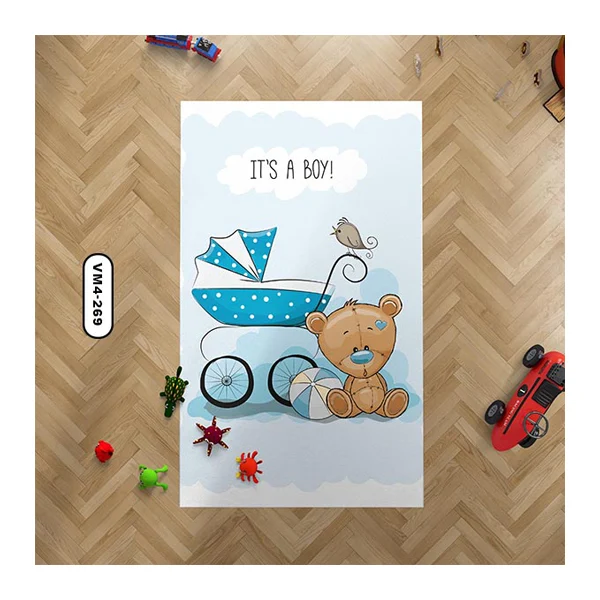 فرش اتاق کودک دستیکور با طرح تدی و زمینه آبی آسمانی