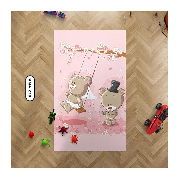 فرش کودک با طرح دو خرس در حال تاب بازی و زمینه صورتی