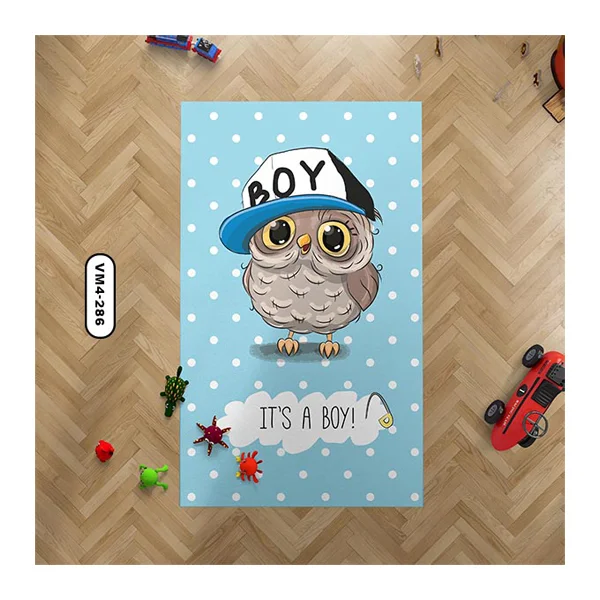 فرش کودک پسرانه، طرح جغد کلاه دار با زمینه آبی و خال سفید