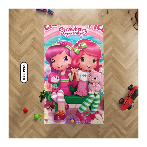 فرش کودکانه طرح دختر توت فرنگی، دو دختر نشسته، مناسب اتاق دخترانه
