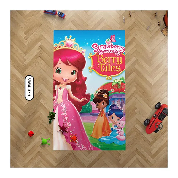 فرش کودک طرح دختر توت فرنگی با لباس صورتی، مناسب اتاق دخترانه