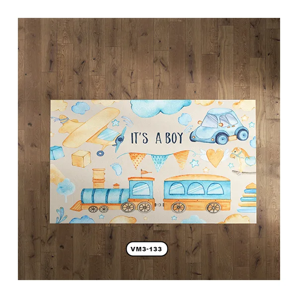 فرش کودک طرح قطار به سبک نقاشی کودکانه و رنگ آبی و نارنجی