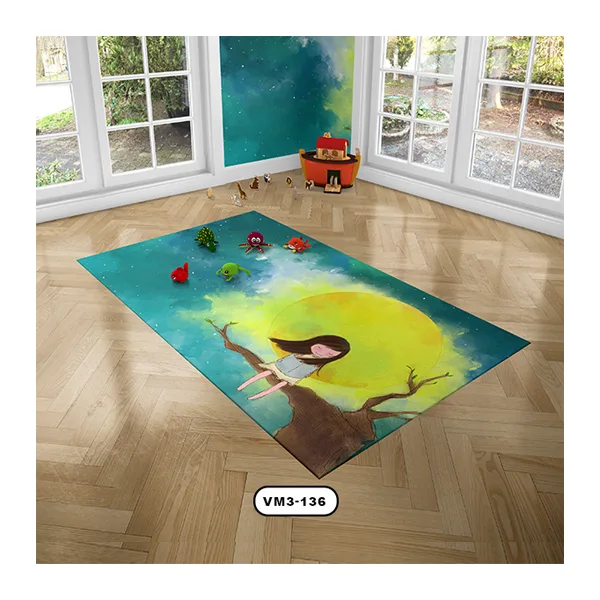 فرش طرح دختر نشسته روی ساخه درخت و زمینه آسمان و خورشید