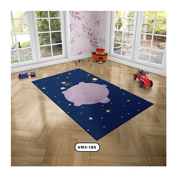 فرش کودک طرح شازده کوچولو، کره ماه، گل رز و ستاره، زمینه سرمه ای