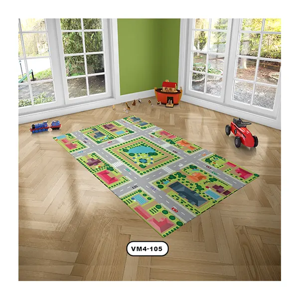 فرش کودک با طرح خیابان و شهر و زمینه سبز