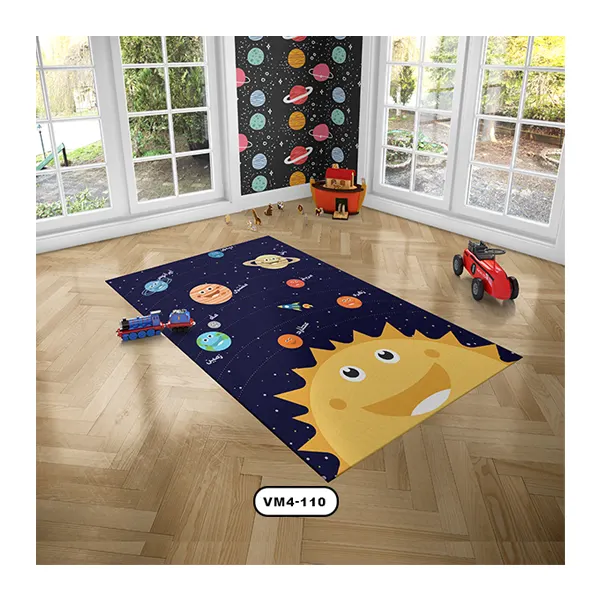 فرش کودک با طرح سیاره ها و خورشید در پایین و زمینه سورمه‌ای