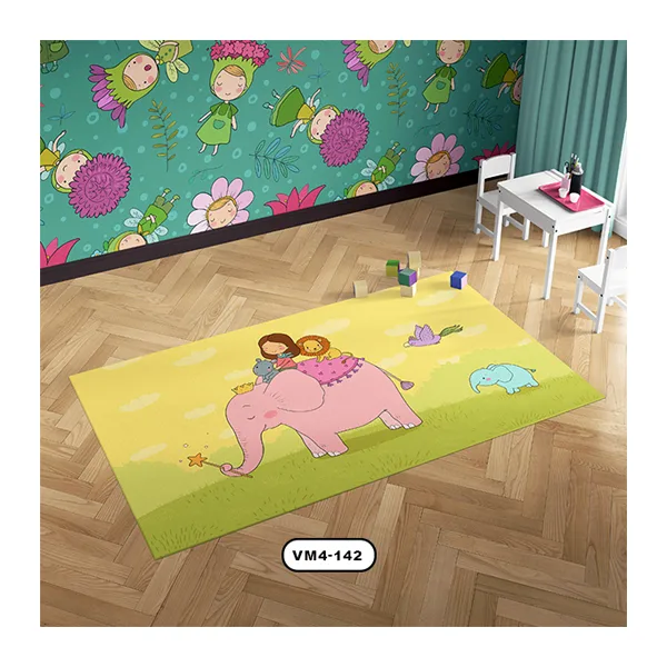 فرش کودک با طرح یک فیل صورتی، بچه فیل آبی و زمینه سبز