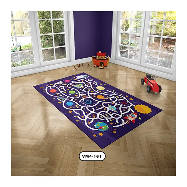 فرش کودک با تم فضایی و سیاره ها و رمینه سرمه ای