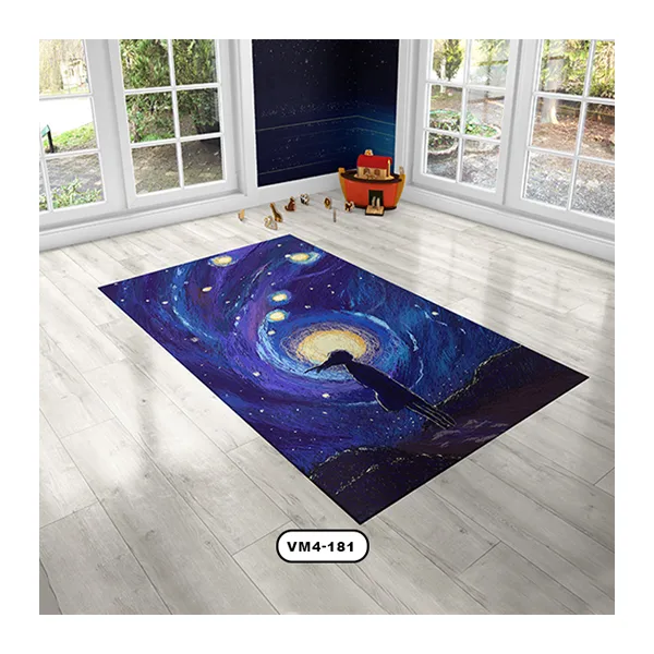 فرش با طرح دختر ایستاده با زمینه کهکشان‌ها و رنگ سرمه ای