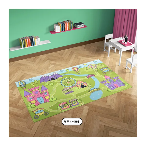 فرش کودک با طرح خیابان و خانه و قلعه و زمینه سبز