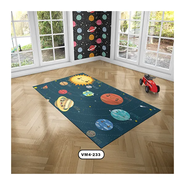 فرش کودک با طرح سیاره ها و زمینه سورمه ای