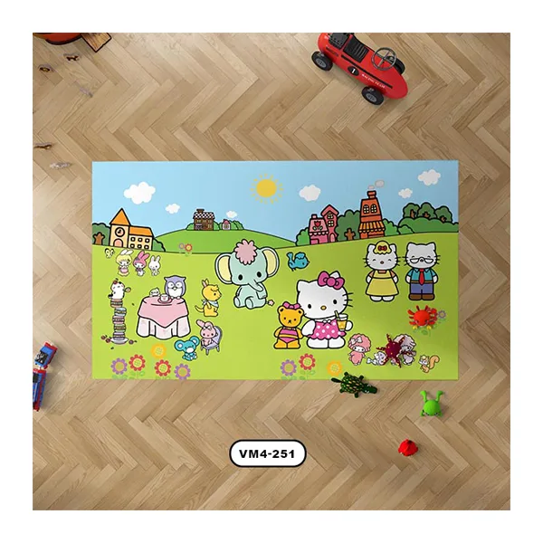 فرش کودک طرح کیتی در دشت سبز و کنار حیوانات