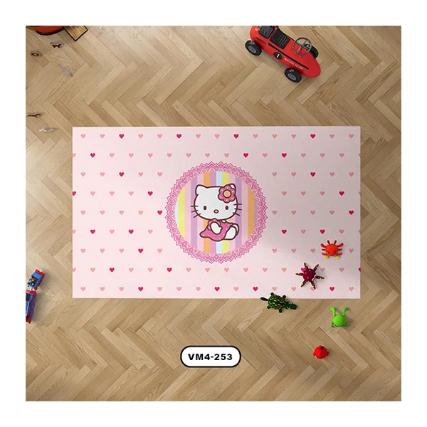 فرش کودک طرح کیتی با زمینه صورتی قلب‌دار