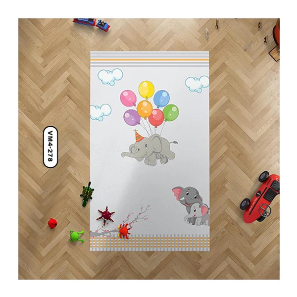 فرش کودک با طرح فیل در حال پرواز با بادکنک و زمینه طوسی