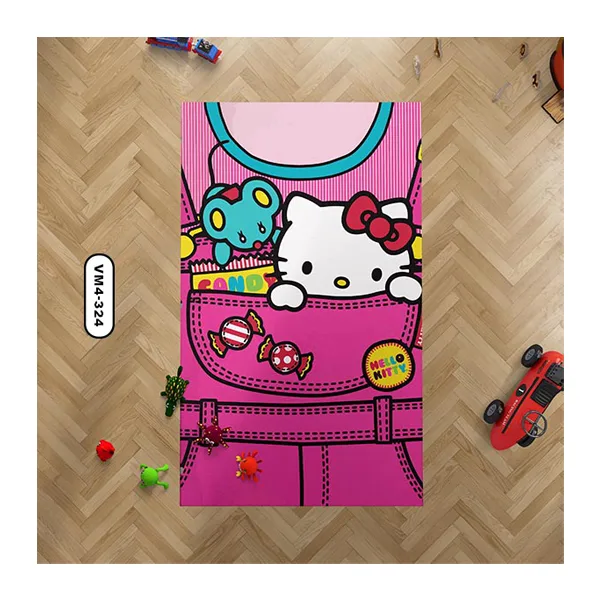 فرش کودک طرح کیتی نشسته داخل جیب لباس بنفش