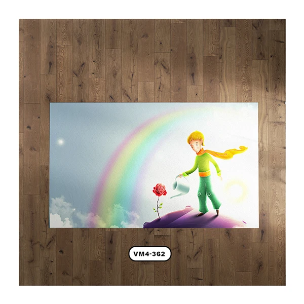 فرش کودک طرح شازده کوچولو در حال آب دادن به گل کنار رنگین کمان