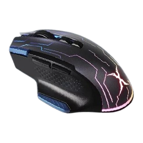 ماوس گیمینگ حرفه‌ای با بدنه مشکی و نورپردازی رنگی با دکمه شلیک